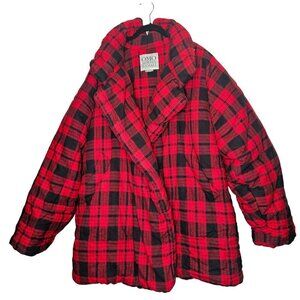 Omo Norma Kamali 80s Red & Black Buffalo Plaid Puffer Sleeping Bag Car Jacket OS